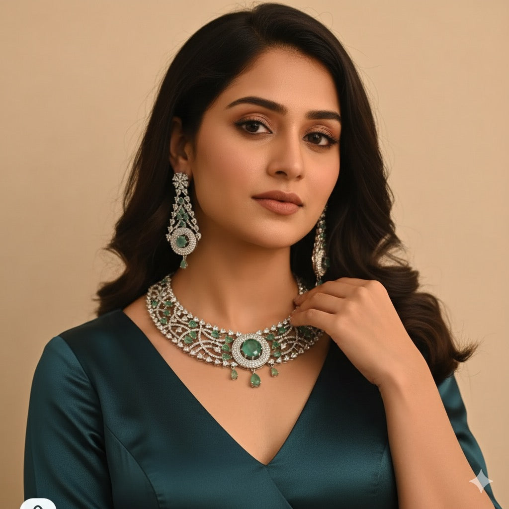 Silver Plated Emerald Green & AD Necklace Set – Bridal & Festive Jewellery