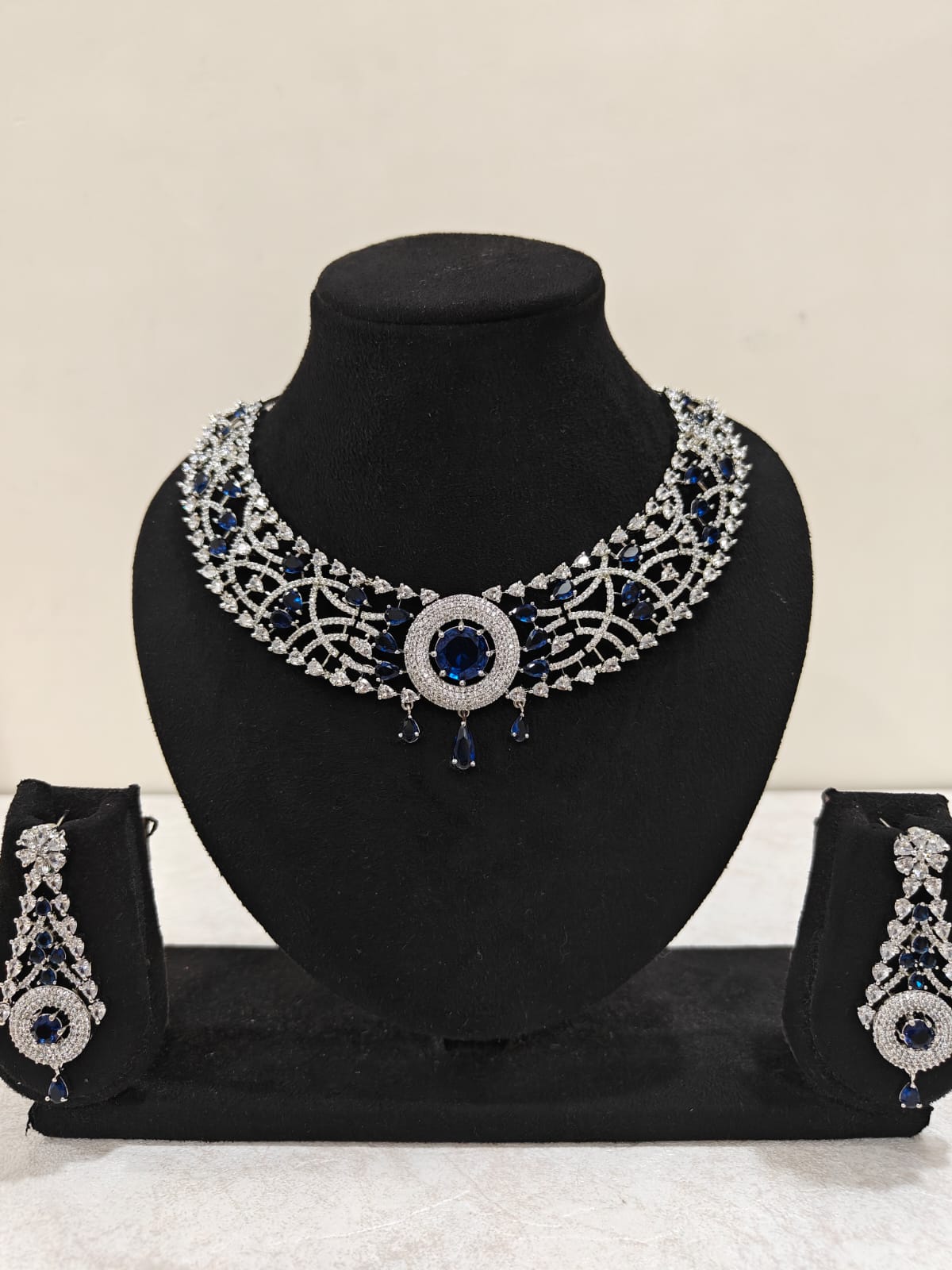 Silver Plated Blue Sapphire & AD Necklace Set – Bridal & Party Jewellery