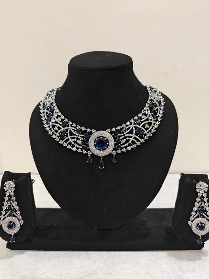 Silver Plated Blue Sapphire & AD Necklace Set – Bridal & Party Jewellery