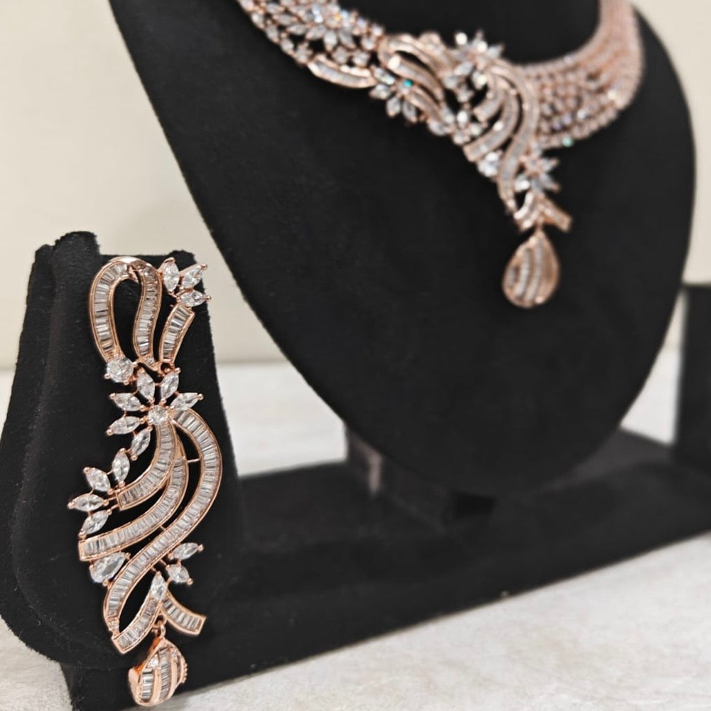 Statement rose gold floral drop earring with American Diamond necklace – perfect for weddings and parties