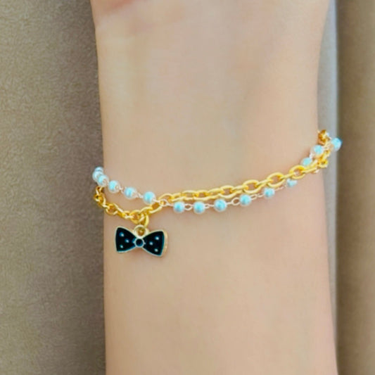 Elegant Golden Chain Bracelet with Black Bow Charm
