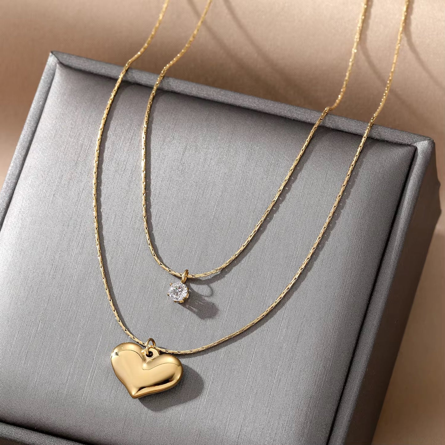 18K Gold Plated Layered Heart Necklace – Waterproof & Skin Safe