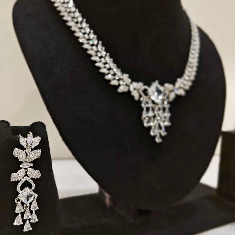 Side angle showcasing American Diamond drop earrings and matching bridal necklace