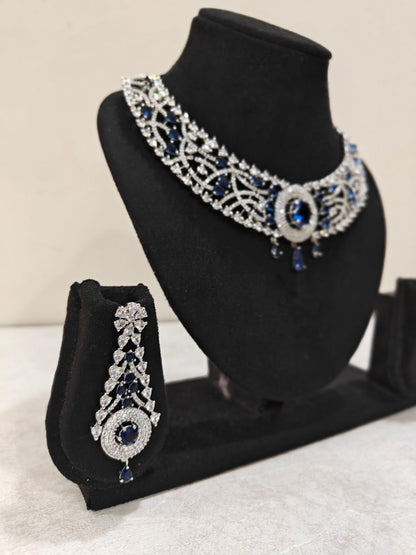 Silver Plated Blue Sapphire & AD Necklace Set – Bridal & Party Jewellery