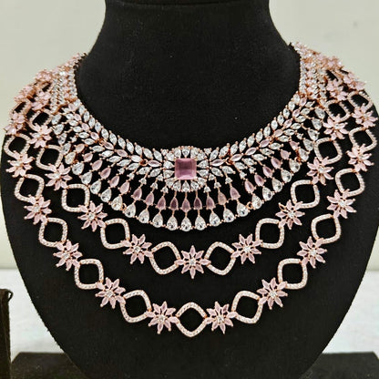 Close-up view of blush pink American Diamond bridal necklace with CZ stones
