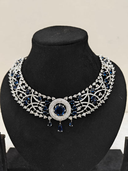Silver Plated Blue Sapphire & AD Necklace Set – Bridal & Party Jewellery