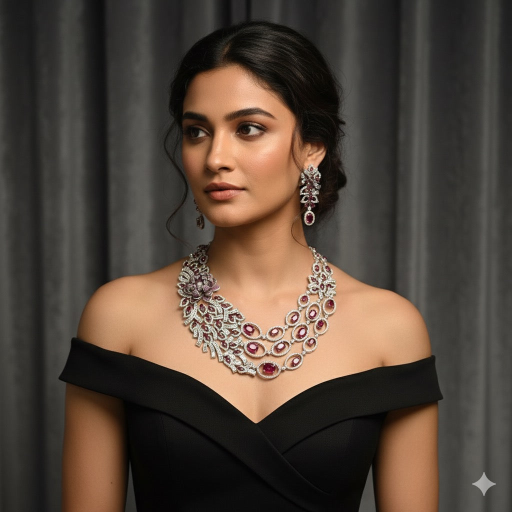 American Diamond Ruby Floral Statement Necklace Set – Premium Party Wear