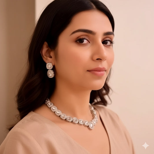 Silver Glamour Kundan Polki Necklace Set with earrings