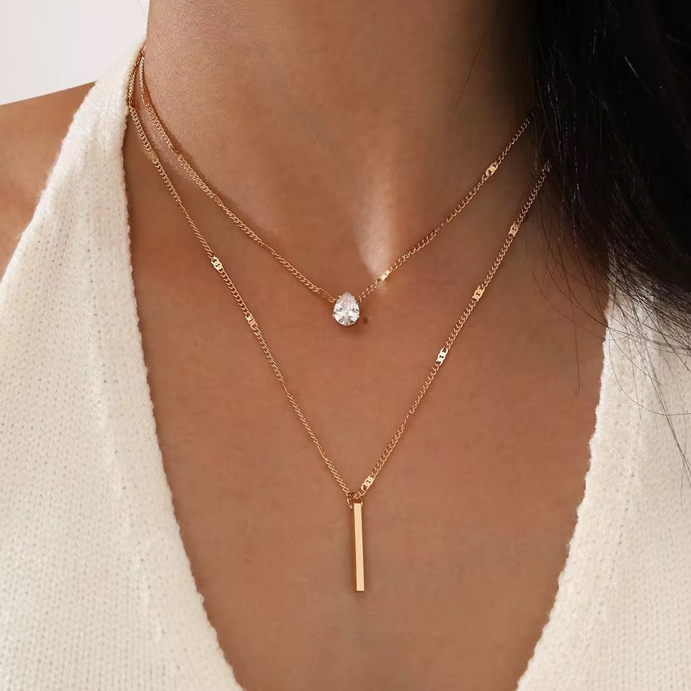 18K gold plated layered necklace with crystal and bar pendants – waterproof, anti tarnish, hypoallergenic jewellery by ThePandaStoree