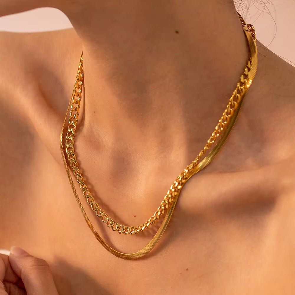 18K Gold Plated Double Layer Chain Necklace – Waterproof & Skin Safe
