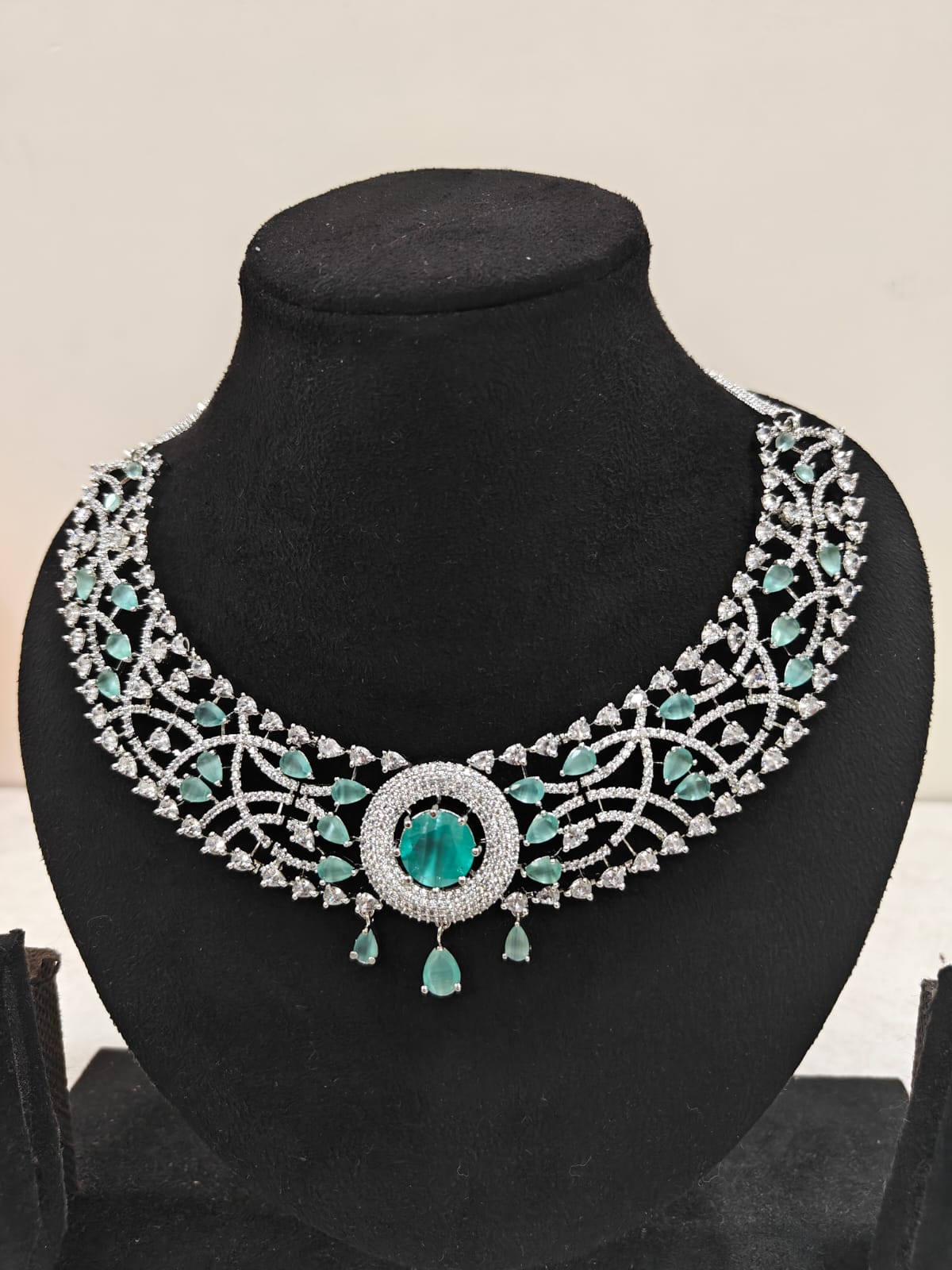 Silver Plated Emerald Green & AD Necklace Set – Bridal & Festive Jewellery
