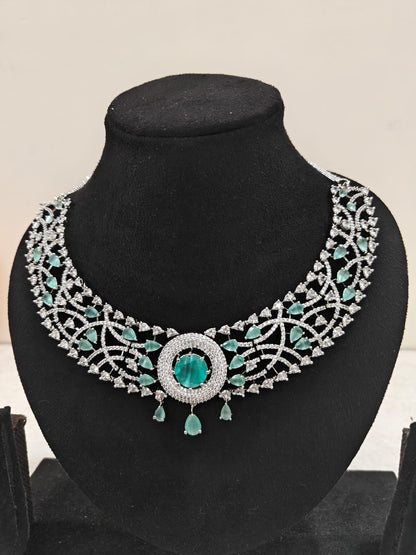 Silver Plated Emerald Green & AD Necklace Set – Bridal & Festive Jewellery
