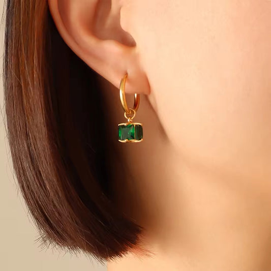 18K Gold Plated Emerald Drop Hoop Earrings