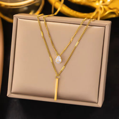 18K Gold Plated Layered Bar & Crystal Necklace – Waterproof & Skin Safe