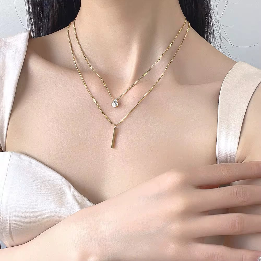 18K Gold Plated Layered Bar & Crystal Necklace – Waterproof & Skin Safe