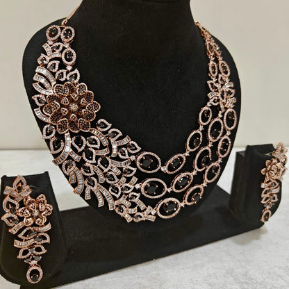 Black Stone Floral American Diamond Necklace Set