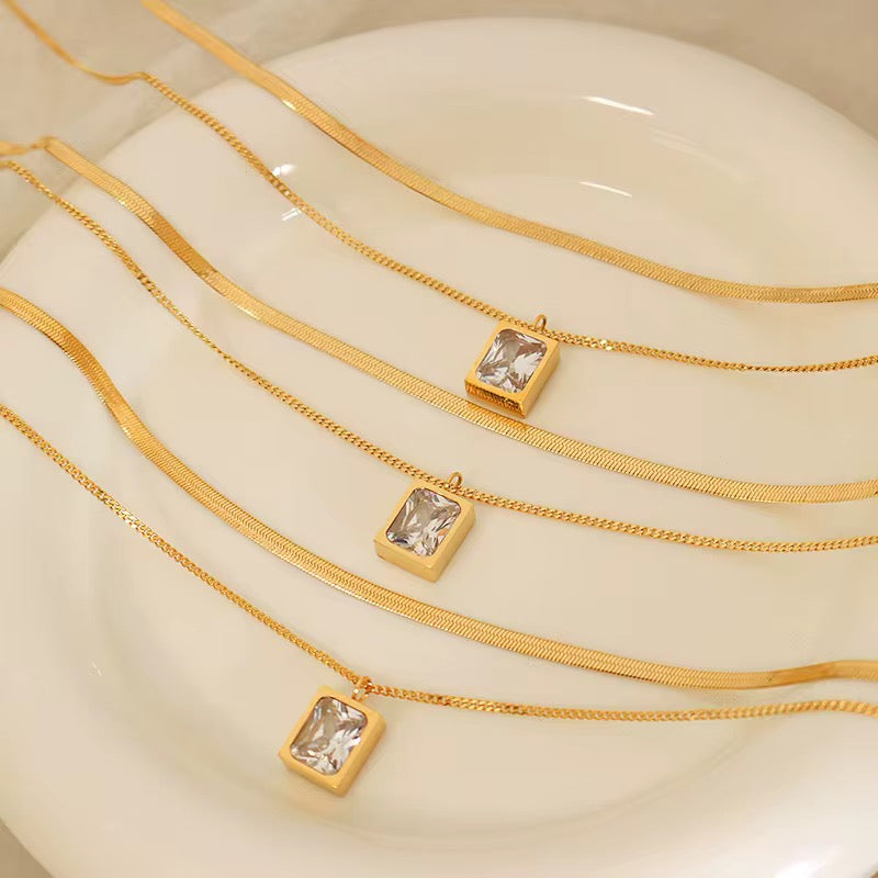 18K Gold Plated Layered Necklace with Rectangle Pendant – Waterproof