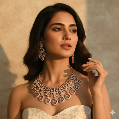 Rose Gold American Diamond Necklace Set with Pink Teardrop Stones – Bridal & Party Jewellery