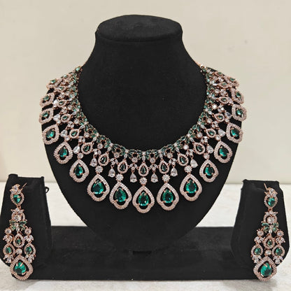 Rose gold American Diamond necklace set with emerald green teardrop stones and matching earrings – ThePandaStoree
