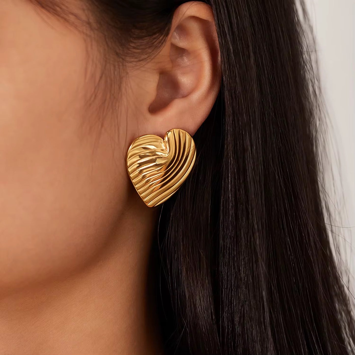 18K Gold-Plated Textured Heart Earrings – Statement Studs