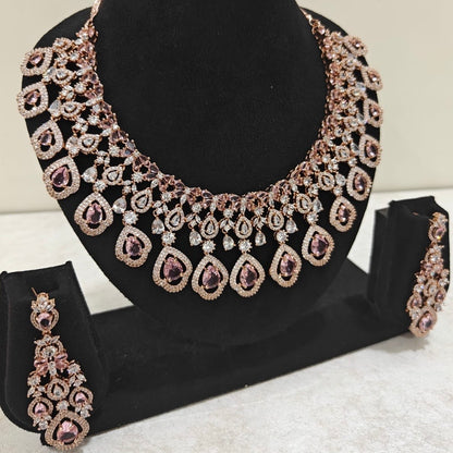 Elegant rose gold American Diamond necklace set with pink stones – bridal and party jewellery