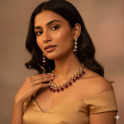 The Majestic Maroon Kundan Necklace with Hangings and Earrings