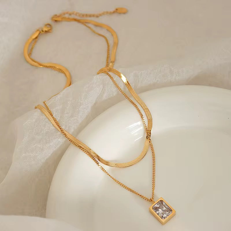 18K Gold Plated Layered Necklace with Rectangle Pendant – Waterproof