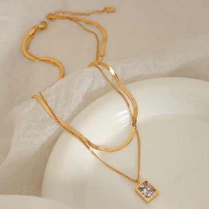 18K Gold Plated Layered Necklace with Rectangle Pendant – Waterproof