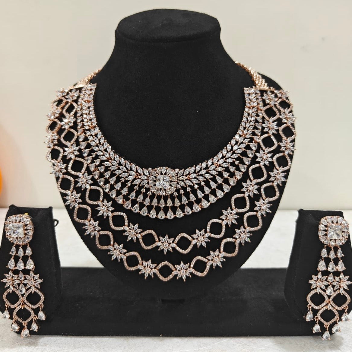 Rose gold American Diamond multi-layered bridal necklace set with statement drop earrings – ThePandaStoree