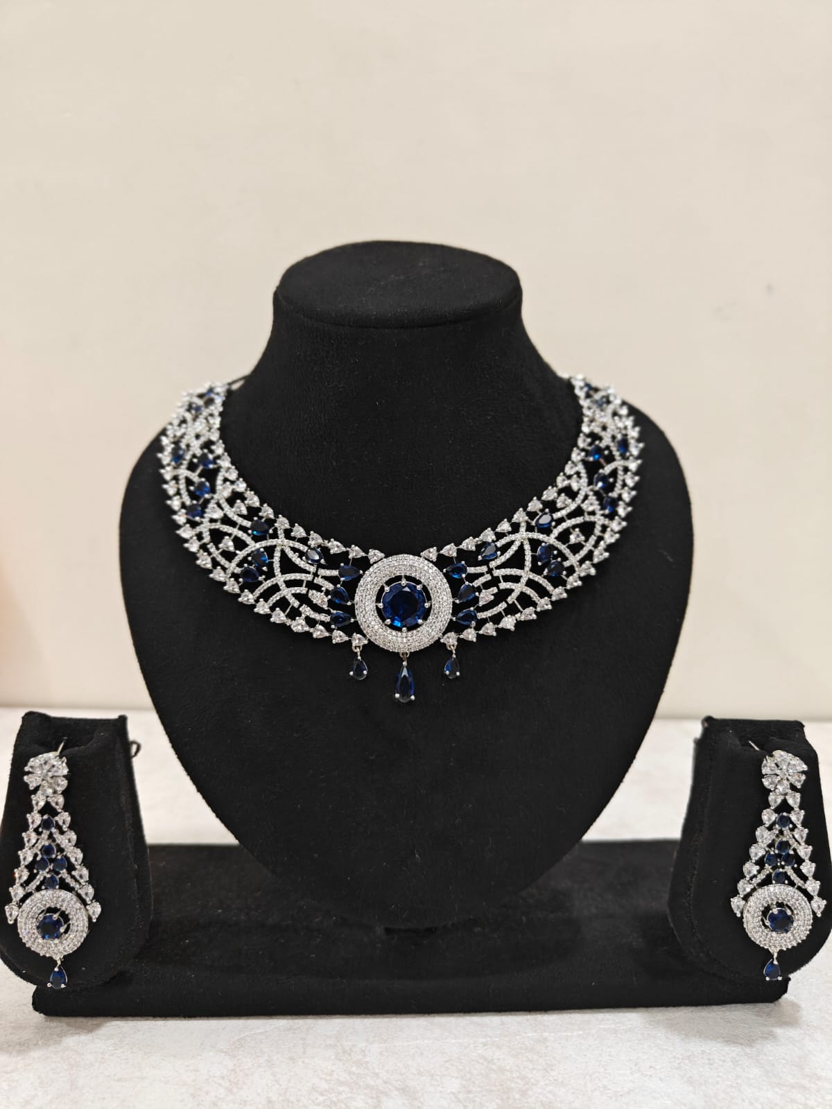 Silver Plated Blue Sapphire & AD Necklace Set – Bridal & Party Jewellery