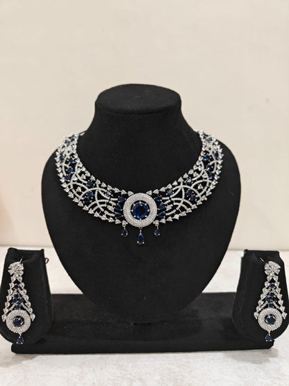 Silver Plated Blue Sapphire & AD Necklace Set – Bridal & Party Jewellery