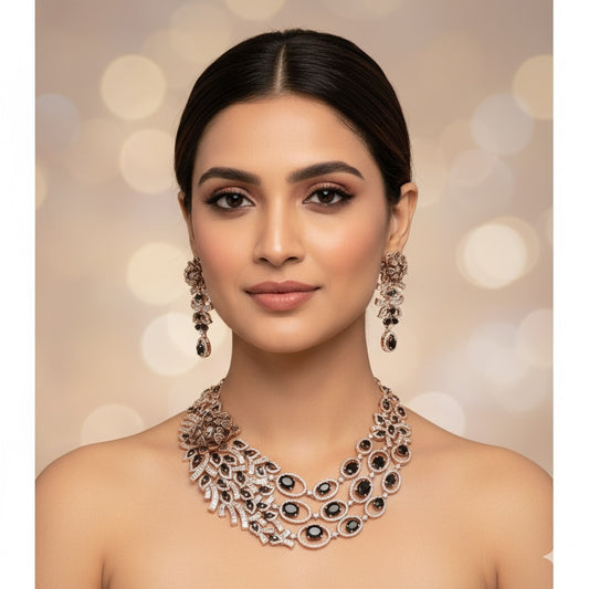 Black Stone Floral American Diamond Necklace Set