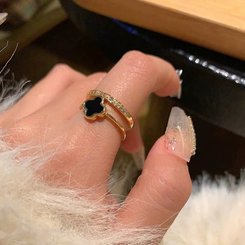 18K Gold-Plated Black Clover Adjustable Ring – Dual Band with Crystals