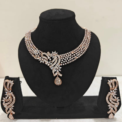 Rose gold American Diamond necklace set with floral swirl design and matching earrings – ThePandaStoree