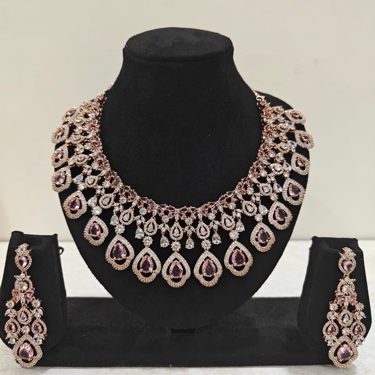 Rose gold American Diamond necklace set with pink teardrop stones and matching drop earrings – ThePandaStoree