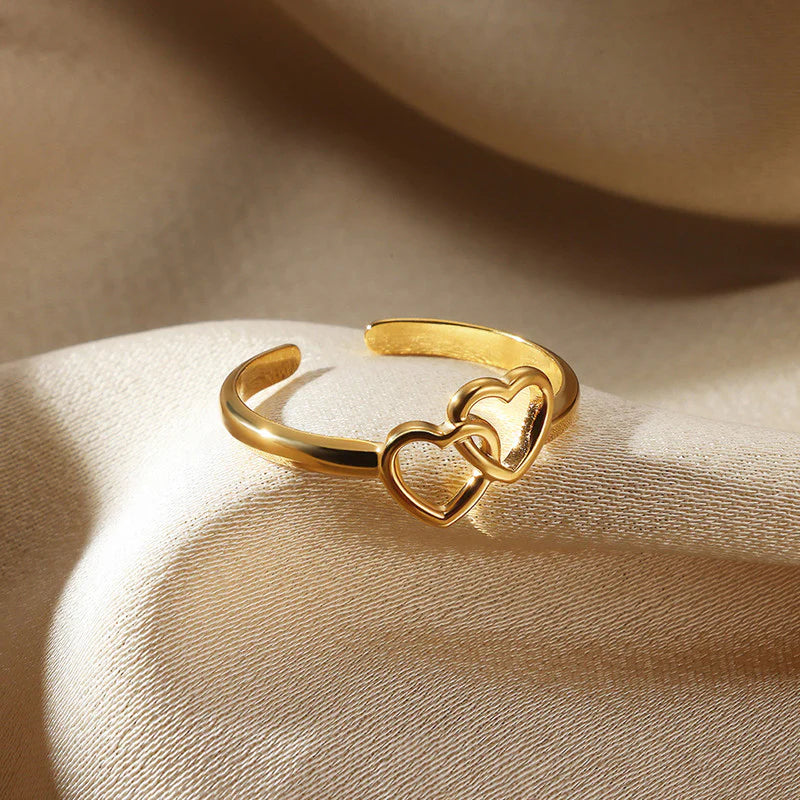 18K Gold Plated Adjustable Double Heart Ring – Waterproof & Skin Safe