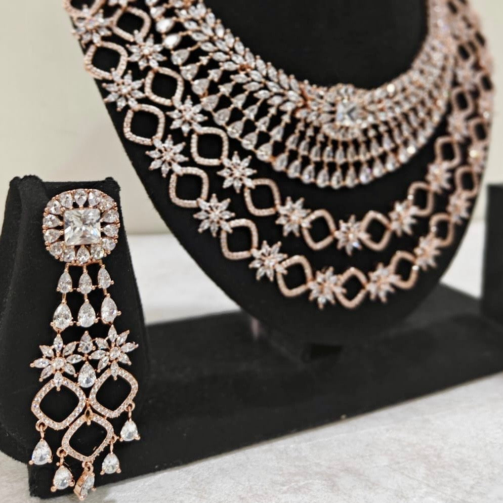 Statement rose gold drop earring with American Diamond necklace – perfect for bridal looks