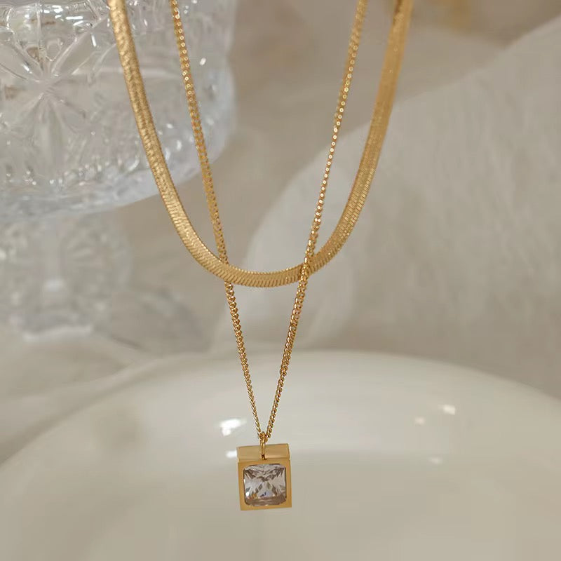 18K Gold Plated Layered Necklace with Rectangle Pendant – Waterproof