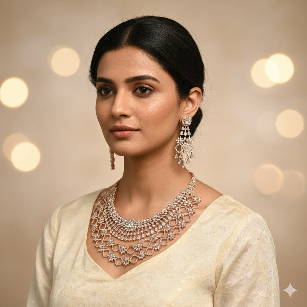 Rose Gold American Diamond Bridal Necklace Set – Layered Starburst Design with Statement Earrings