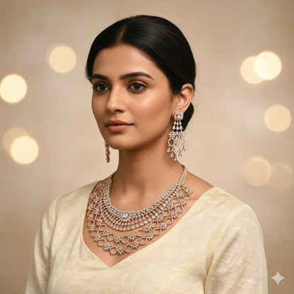 Rose Gold American Diamond Bridal Necklace Set – Layered Starburst Design with Statement Earrings