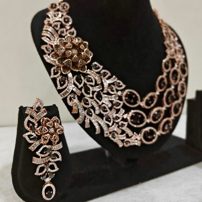 Black Stone Floral American Diamond Necklace Set