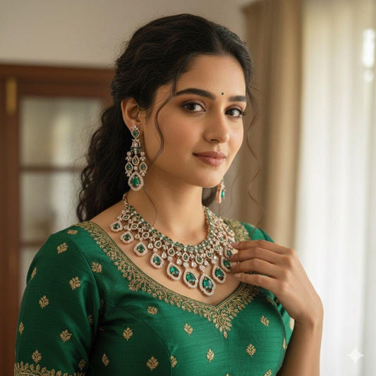 Rose Gold American Diamond Necklace Set with Emerald Green Teardrop Stones – Bridal & Party Jewellery