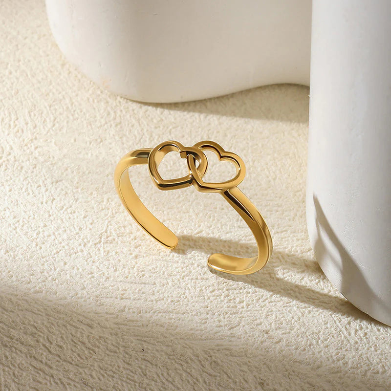 18K gold plated adjustable double heart ring – waterproof, anti tarnish, hypoallergenic jewellery by ThePandaStoree.