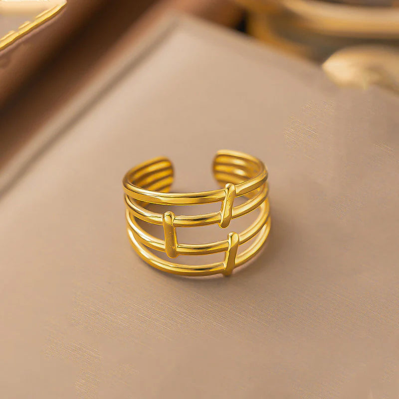 18K Gold-Plated Triple Band Ring – Adjustable Geometric Statement