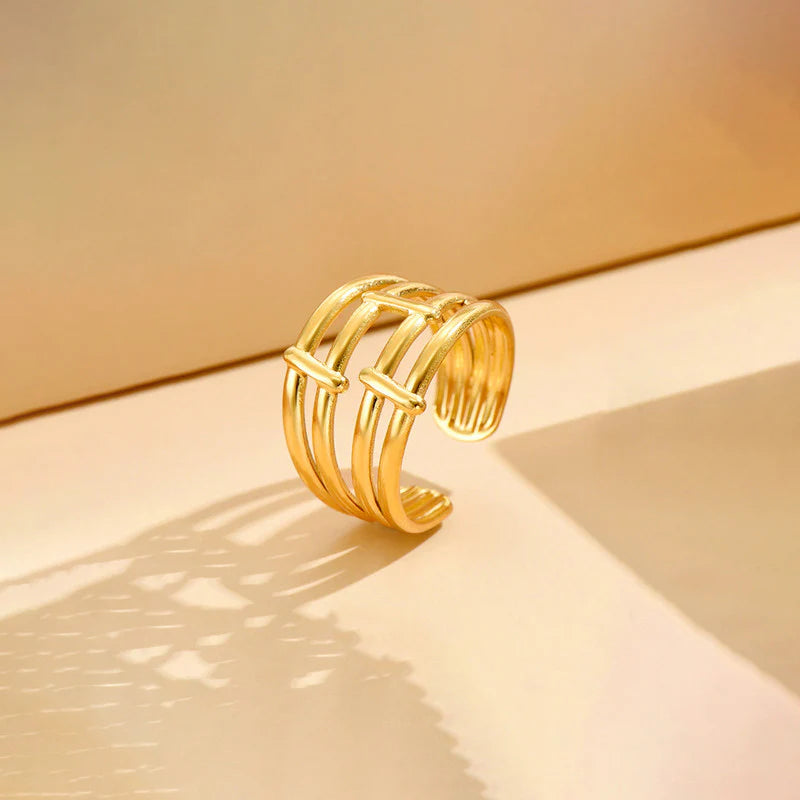 18K Gold-Plated Triple Band Ring – Adjustable Geometric Statement