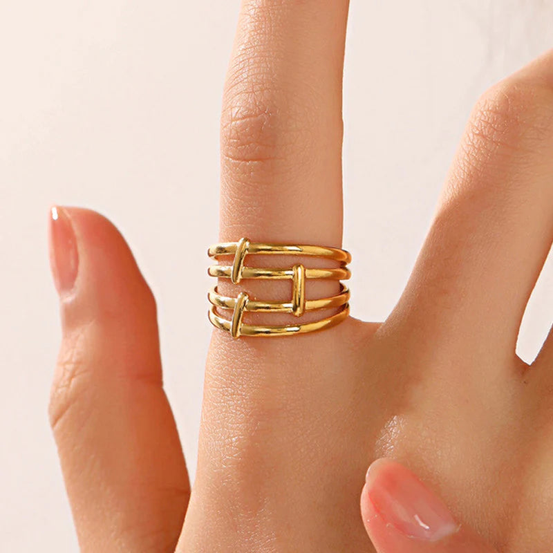 18K Gold-Plated Triple Band Ring – Adjustable Geometric Statement