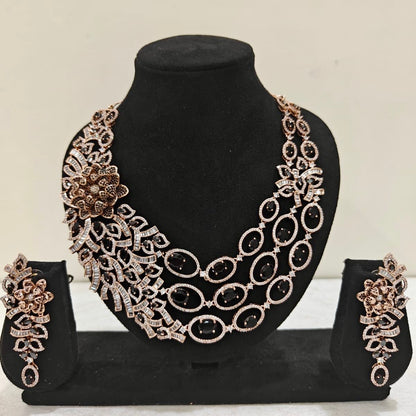Black Stone Floral American Diamond Necklace Set