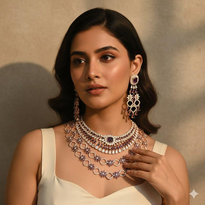 Royal Purple Stone Multi-Layered American Diamond Necklace Set