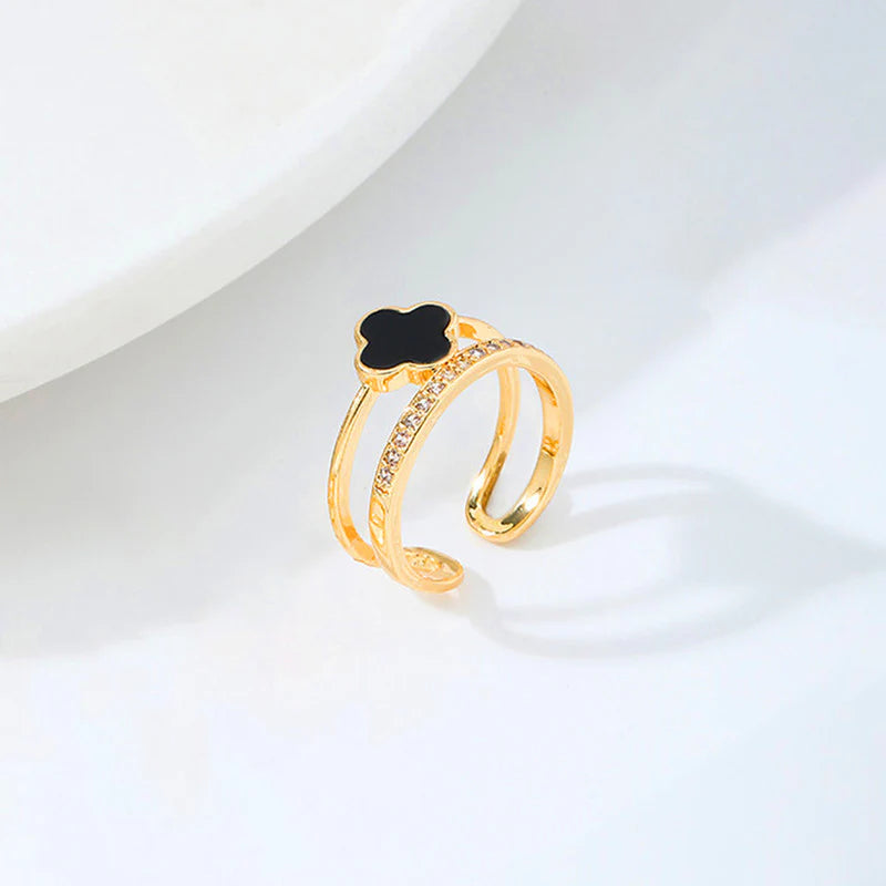 18K Gold-Plated Black Clover Adjustable Ring – Dual Band with Crystals
