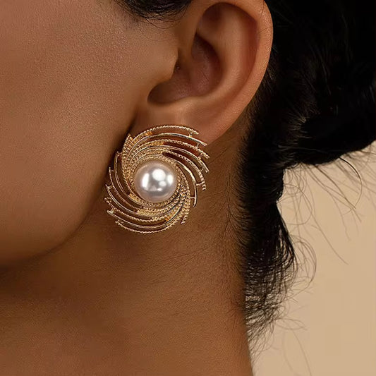 18K Gold Plated Pearl Swirl Statement Earrings
